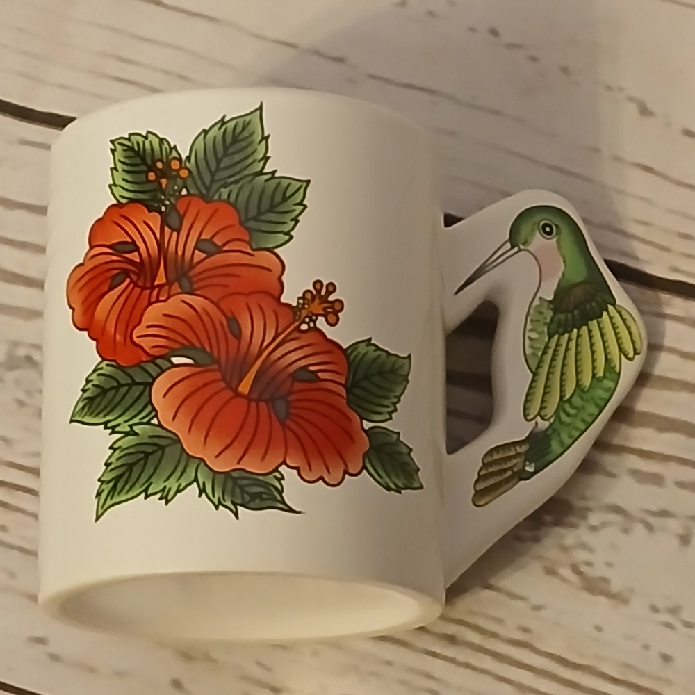 Floral Coffee Mug with Hummingbird Handle